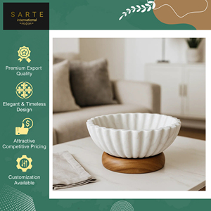 Modern Luxury Design Premium Quality Floral Decorative Fruit & Salad Serving <b>Marble</b> Bowl with Wooden Base at Competitive Price - Product Image 2
