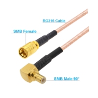 Câble coaxial RF RG316 de 50 cm, SMB mâle/femelle, droit/à angle droit, 50 ohms, rallonge/raccordement pour radio satellite