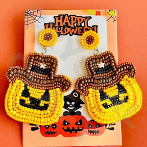 Vintage Black Cat Beaded <b>Earrings</b> for Women <b>Halloween</b> Patriotic Memorial Day Accessory Orange White Blue Colour Fabric Weddings - Product Image 4