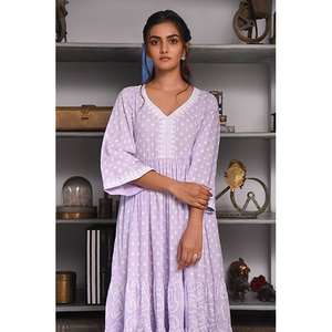 Feriha ชุดเดรสผ้าชีฟองลำลองฤดูร้อนสีม่วงอ่อนแต่งระบายมีซิปยาวถึงเข่า XS ถึง XL ลายเอวธรรมชาติสีทึบ - Product Image 1