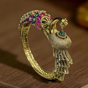 Luxury Peacock Designer Bangle with AD Stones, Gold Plated <b>Kada</b> Bracelet for Bridal Wedding Wear - Product Image 1
