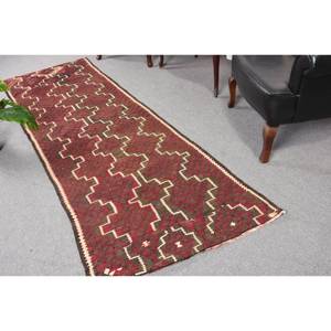Large Area Kilim <b>Red</b> Brown <b>Wool</b> Rug 3.1 X 7.8 ft Turkish Flat Weave with Latex Backing for Hallway or Room Rectangle Pattern - Product Image 1