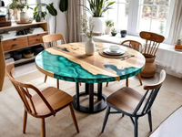 Table de salle à manger en bois d'acacia et résine, fabriquée à la main, finition polie, couleur personnalisable |   Cadeau de Diwali Premium pour la retraite, décoration intérieure