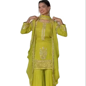 Les plus vendus Designer Chinon Alia Cut Handwork Kurti Georgette Broderie Travail Femmes Party Wear Dupatta Mariages Inde Fantaisie - Product Image 1