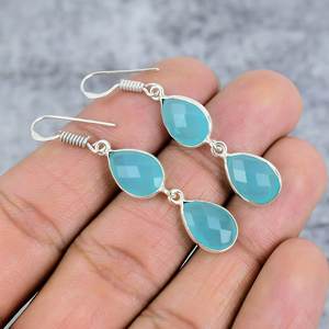 Aqua Chalcedony 925 gota de plata esterlina forma de pera piedra preciosa colgante gota de diamante estilo bohemio regalo de boda para mujer - Product Image 1