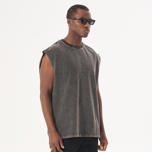 Fait sur mesure hommes Vintage sans manches débardeur haute rue extérieur lavé Streetwear Hipster T-Shirt avec bouton décoration - Product Image 2