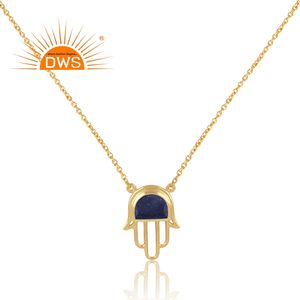 Natural Lapis Lazuli Gemstone <b>Necklace</b> Hamsa Designer <b>Silver</b> Gold Plated <b>Chain</b> Pendant <b>Necklace</b> Manufacturer - Product Image 3