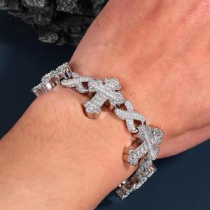 Bracelet infini hip-hop serti de diamants en moissanite incolore taille baguette en argent 925, bracelet croix en argent 925, bijoux - Product Image 1