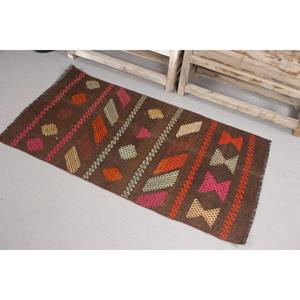 Turkish Vintage Small Rug 2.3x4.4 ft, Kilim <b>Brown</b> <b>Wool</b> Rug - Product Image 1