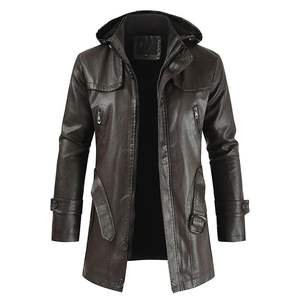 Manteau coupe-vent pour homme, veste longue en cuir à capuche, veste en cuir de moto pour homme, mode en cuir, mode coréenne d'hiver - Product Image 5