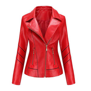 Haute qualité femmes élégant court Faux cuir Biker vestes mince en cuir PU printemps automne à manches longues mince col d'insertion nouveau - Product Image 1