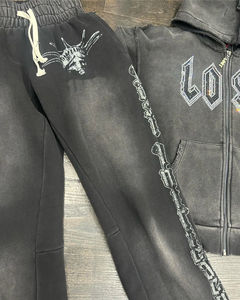 Strass Joggers Hommes Ensemble Lavage À L'acide 2025 Fabricant Tech Polaire Survêtement 100% Coton À Capuche et Jogger Ensemble OEM Entrevu - Product Image 3