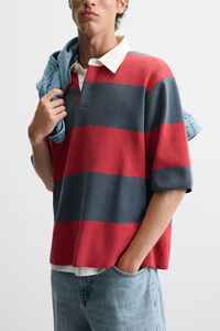 Premium Vintage Streetwear Polo Hombres Camiseta de algodón a rayas con logotipo personalizado Cuello de solapa Loose Fit Oversized Rugby Style T-Shirt - Product Image 2