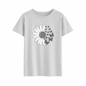 T-shirt graphique rose personnalisé pour femme, imprimé marguerite et papillon, en coton décontracté - Product Image 6