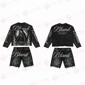 Trendy <b>Men</b> Black Graphic Long Sleeve T Shirt <b>and</b> Denim <b>Shorts</b> <b>Set</b> Vintage Streetwear Cropped <b>Top</b> <b>and</b> Distressed Jorts Outfit - Product Image 5
