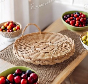High Quality Round <b>Hanging</b> <b>Baskets</b> New Design Handwoven Rattan Storage Serving Trays Bamboo Handle for Tableware Living Room - Product Image 2