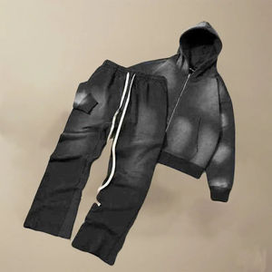 Derniers ensembles de survêtements en coton mi-lourd délavé à l'acide et décoloré par le soleil, logo imprimé personnalisé, ensemble de survêtement unisexe deux pièces, respirant - Product Image 2