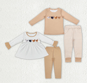 Ensemble de vêtements 2 pièces pour filles, robe à manches longues avec imprimé poulet et pantalon rayé, motif à pois confortable pour les tout-petits - Product Image 4