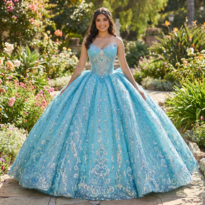 Robe de bal élégante turquoise 1533, luxueuse, en dentelle brodée, organza, perles, appliques en cristal, imprimé naturel, décolleté cœur - Product Image 1