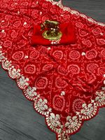 Sari de Boda Tradicional de Georgette Pura con Estampado Bandhani de Jodhpur, Pallu con Trabajo Pita y Borde Butti
