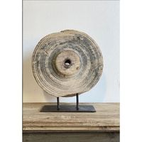 KAMAL ART CRAFT Support rond en fer avec roue en bois de teck brun vintage, design rustique, non pliable, pour décoration intérieure, Diwali, ou cadeau de maison neuve