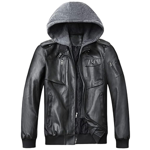 Veste en cuir à capuche pour homme Vêtements d'hiver Logo brodé personnalisé Noir Veste en cuir véritable 100% avec poches zippées - Product Image 5