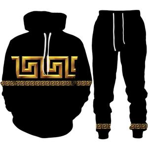 Traje con capucha de estilo de corte barroco para hombre, Conjunto de sudadera y pantalones con estampado 3D de flores doradas de lujo para hombre, ropa de calle Unisex de moda - Product Image 6