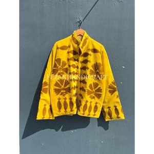 Unisex Jacket <b>Coat</b> Yellow Velvet Jacket Uzbek Floral Embroidery Jacket With Stand Collar Cotton Lining for Autumn and Winter - Product Image 1
