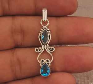Swiss <b>Blue</b> Topaz Gemstone 925 Sterling Silver Handmade Two <b>Stone</b> Pendant December Birthstone Jewelry Gift - Product Image 3