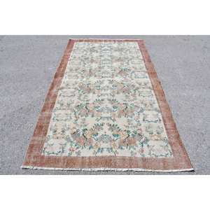 Classic Beige Brown 4.6 X 8.2 ft Wool <b>Rug</b> Turkish Patchwork Design for Entryway Living Room <b>Bedroom</b> Latex Rectangular Hallway - Product Image 1
