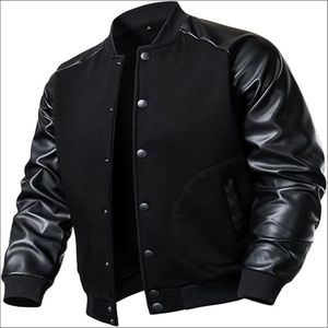 Chaqueta universitaria de cuero negro de lujo personalizada para hombre chaqueta de béisbol universitaria ajustada con letras de manga bordada para hombre - Product Image 4