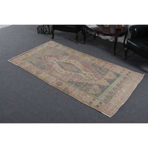 พรมตุรกีวินเทจผ้าทอเย็บปะติดปะต่อกันสีเบจ-ชมพูพรมขนสัตว์3.9x7.9ft ห้องนั่งเล่นยางสำรองสำหรับตกแต่ง - Product Image 2