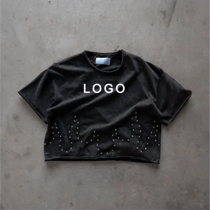 T-shirt personnalisé 2026 en coton 100% avec strass, col rond, manches courtes, taille plus, pour hommes, épaules tombantes - Product Image 1