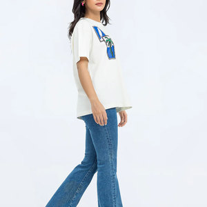 เสื้อยืดลายทางทำจากไม้ไผ่100% ลำลองของผู้หญิงแฟชั่นพิมพ์โลโก้ตามสั่งสีและขนาดขายส่ง - Product Image 4