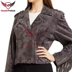 Chaqueta de cuero de ante gris de tendencia para mujer hecha a medida con ropa de abrigo genuina tachonada con método de tejido de relleno de algodón - Product Image 5