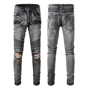 2025 Custom Wholesale Black <b>Biker</b> Ripped Pants Distressed Slim Fit Motorcycle Designer Fashion Damaged Stacked Denim <b>Men's</b> <b>Jeans</b> - Product Image 6