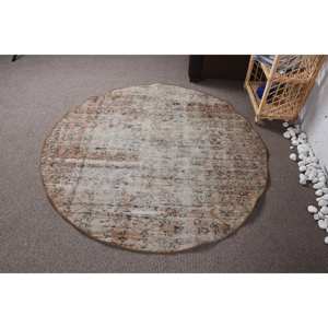 พรมตุรกีวินเทจ4.9 x 4.9ft เบจสีน้ำตาลสานแบบเรียบขนสัตว์เย็บปะติดปะต่อกันสำหรับห้องนั่งเล่นห้องโถงตกแต่งยางรอง - Product Image 4