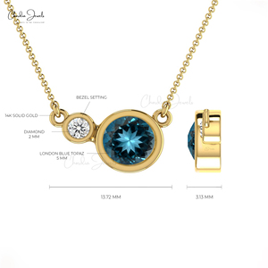 Superbe collier double cercle avec topaze bleue de Londres ronde et pierre de diamant de 0.03 carats, collier accentué de pierre de naissance d'avril - Product Image 4