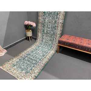 2.9x10.7 ft Rug, Vintage Turkish <b>Runner</b> Rug, <b>Green</b> Wool Rug - Product Image 3