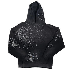 New Custom OEM 100% Cotton Breathable And Soft Heavyweight <b>Fleece</b> Pullover Hoodie With Rhinestones And Sunfade Solid <b>Black</b> Color - Product Image 4