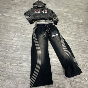 Sudadera con capucha desgastada de doble capa personalizada, parche bordado, Sudadera con capucha lavada con ácido, conjunto de Jogger, pantalones de chándal y Sudadera con capucha, conjunto de chándal para hombre - Product Image 1