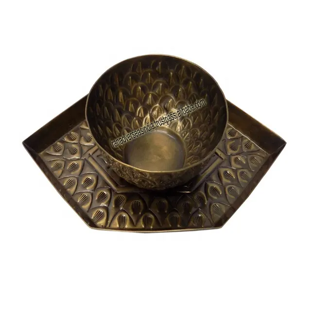 Custom Logo High Quality Antique Brass Deep Round Soup Bowls Metal Cereal Serving Bowl With Hexagonal Tray