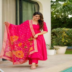 VASTRA COTTAGE GMY Pure Chinon Anarkali Suit with Flair Softy Digital Printed Dupatta and Butter Cotton Fully Stitched Plazo - Product Image 2