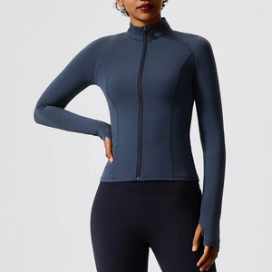 <b>Women's</b> Full Sleeve Zip-Up Yoga <b>Top</b> Solid <b>Navy</b> Blue Turtleneck Active Stretch Sport Wear Regular Fit - Product Image 3