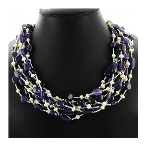 Collier pour femme en améthyste et perles, style luxueux, pierres naturelles, colliers à brins, à porter au quotidien, argent 925, plaqué argent - Product Image 1