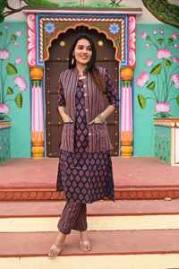 Custom Made Blue Base Fabric Winter Collection Eco-Friendly Casual Cotton Kurtis Pant Set for <b>Ladies</b> for Reselling Purposes - Product Image 4