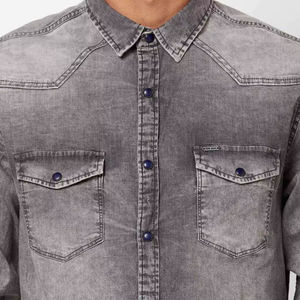 OEM/ODM Servicio de manga corta Henley Shirt Ropa casual High Street 230GSM Transpirable Hip Hop Hombres Vintage Denim Shirt - Product Image 5