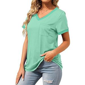 Camiseta informal con cuello en V para mujer, camisetas de algodón suave de corte holgado de manga corta de verano, bolsillo para uso diario, talla XXS, tela de punto sólida - Product Image 5