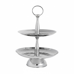Support à gâteau moderne en métal argenté à 2 niveaux, écologique, en acier inoxydable poli, pour la présentation de desserts et de cupcakes lors de mariages et de fêtes - Product Image 4