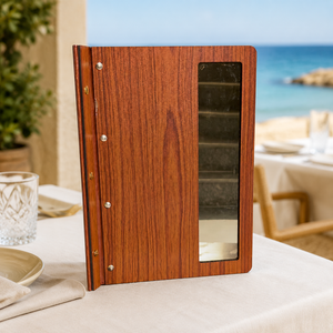 Porte-menu en bois en gros avec pages rechargeables pour restaurants et cafés, porte-menu en bois avec fenêtre en verre, marron - Product Image 3